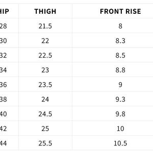 May include: A white chart with black text detailing clothing measurements. The chart includes sizes from XXS to 4XL, listing waist, hip, thigh, front rise, and back rise measurements in inches.