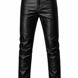 May include: Black leather pants with a classic five-pocket design. The pants have a button and zipper closure and are made of a smooth, shiny material. The pants are straight-legged and suitable for various occasions.