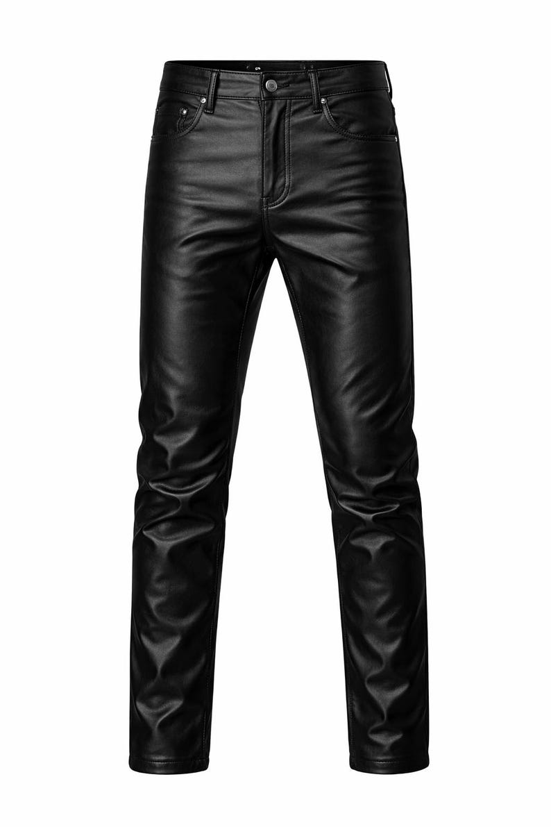 May include: Black leather pants with a classic five-pocket design. The pants have a button and zipper closure and are made of a smooth, shiny material. The pants are straight-legged and suitable for various occasions.