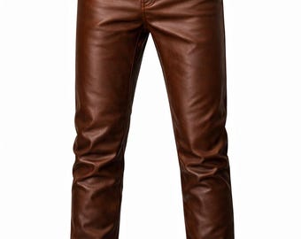 Valore Fox Men's Brown Genuine Leather Slim Fit Pants - Handmade Genuine Cow-Hide Leather High Waist Trousers – Tailored Festival Outfit
