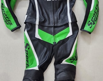 Kombinezon motocyklowy z czystej skóry, zielono-czarny, rozmiar brytyjski, wodoodporny
