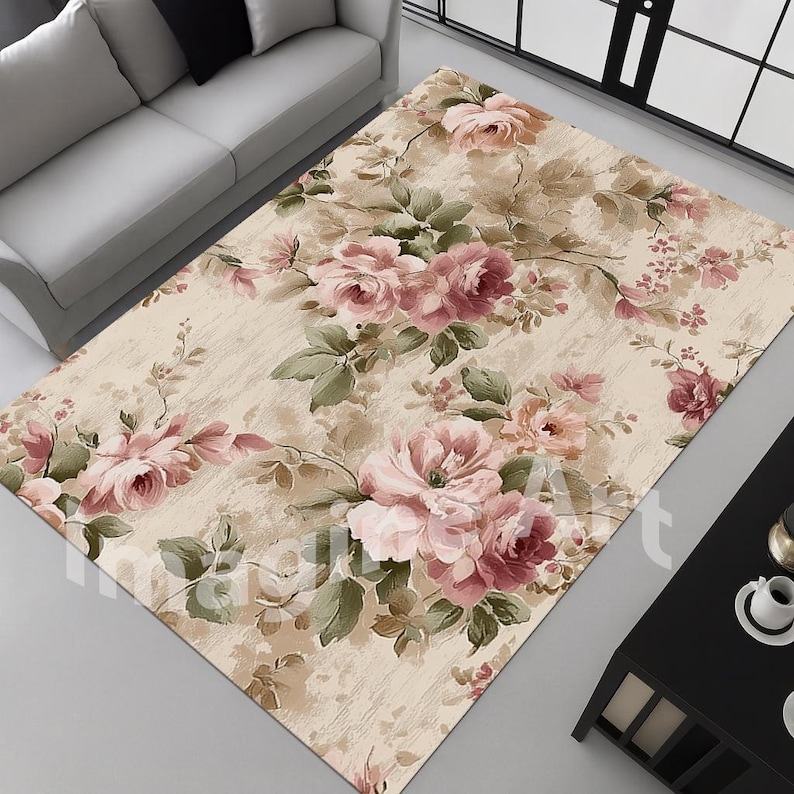 Pink Roses Rug: Vintage Design Rose Art, Velvet Low Pile, Non-slip ...