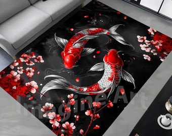 Red Koi Fish Art Rug: Cherry Blossom Design, Japanese Floral Pond