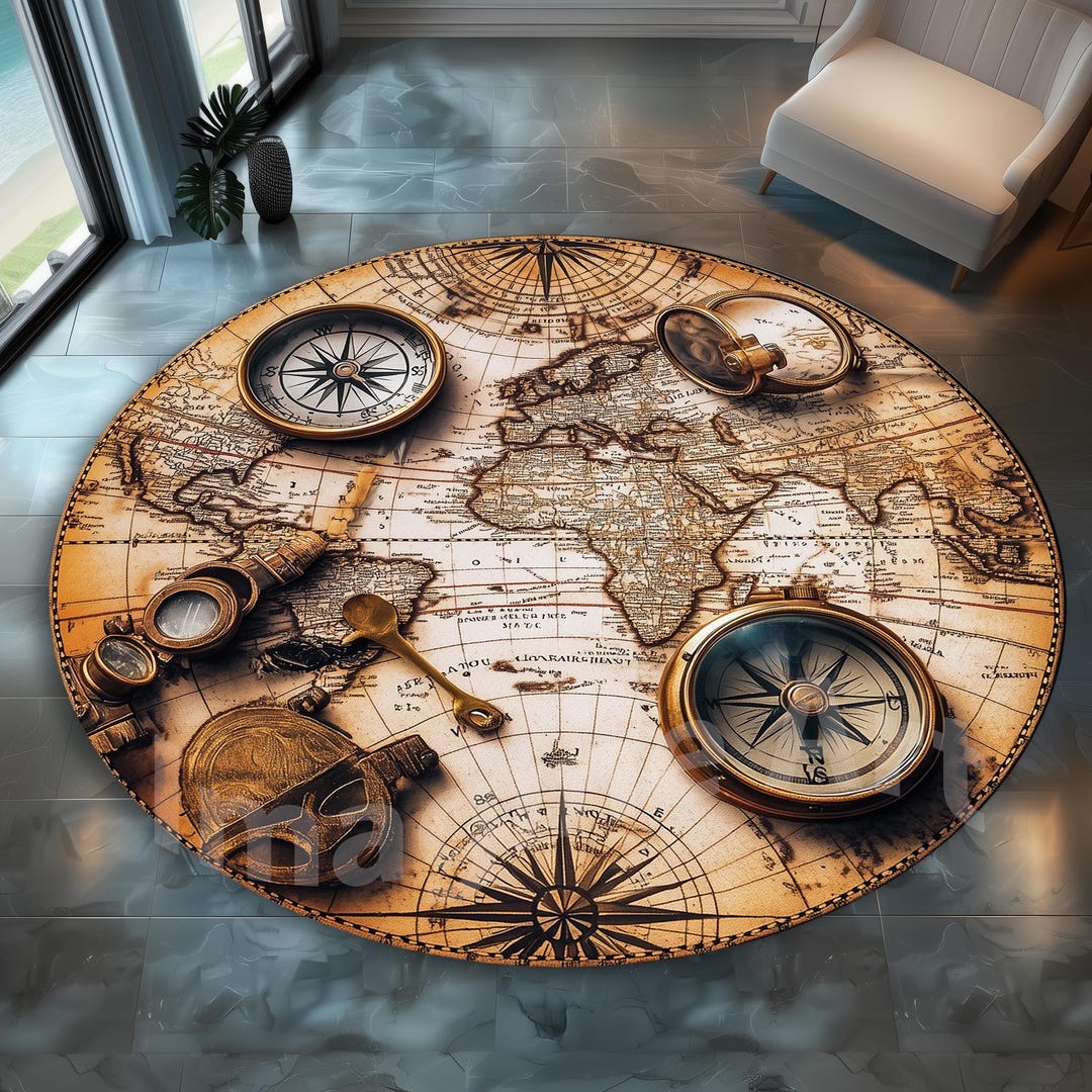 Round World Map Rug: Nautical Compass Design, Soft Velvet Pile - Etsy