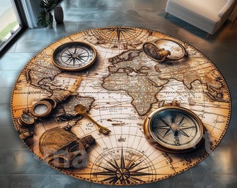 Round World Map Rug: Nautical Compass Design, Soft Velvet Pile