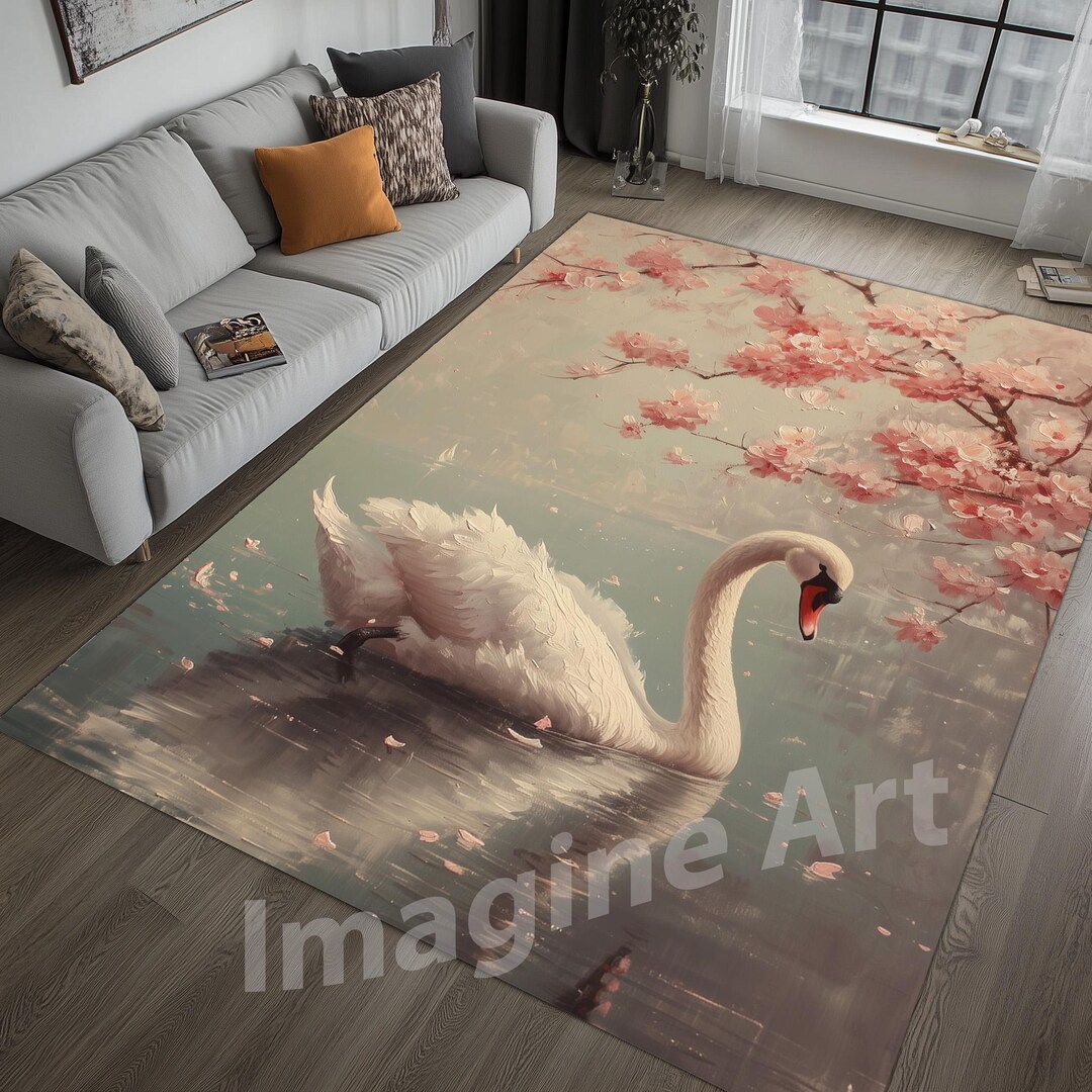 Floral Swan Area Rug: Cherry Blossom Print, Soft Velvet Pile - Etsy