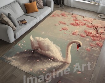 Floral Swan Cherry Blossom Area Rug, Blossom and Swan Rug, Swan Decor, Swan Area Rug, Cherry Blossom Rug, Swan Print Rug, Swan Pattern Rug