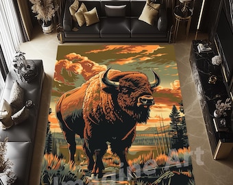 American Bison Area Rug: Floral Cabin Decor