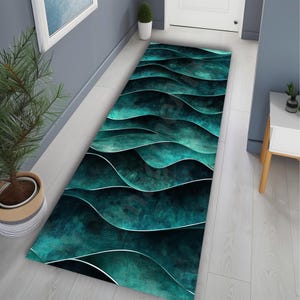 Blauwgroen gegolfd vloerkleed: moderne abstracte oceaanstroom