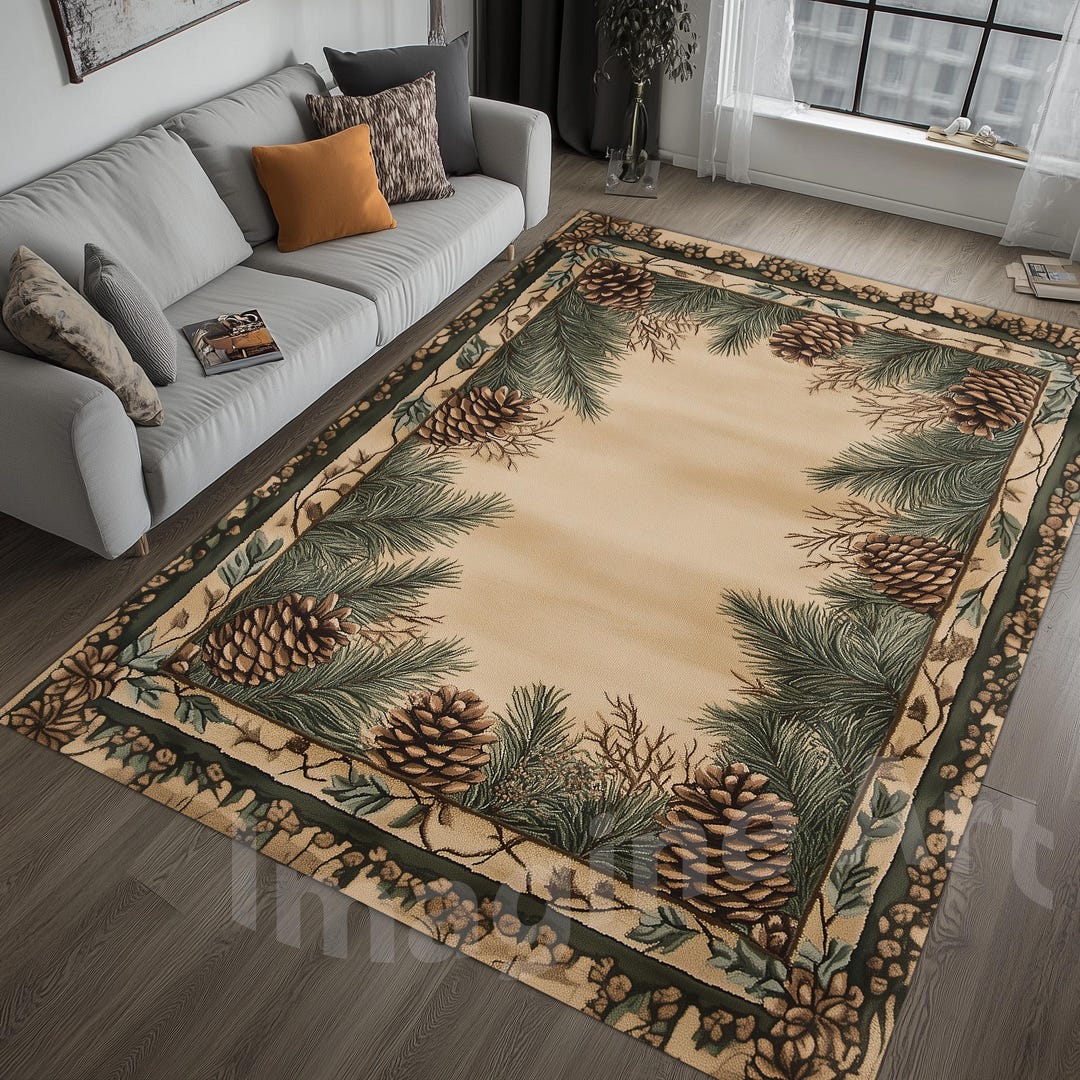 Pine Rugs Rustic Pine Rug: Teal-earth Color, Pine Cone Design, Christmas Winter ...