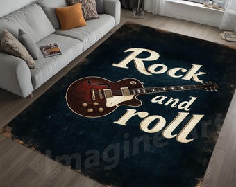 Rock and Roll Guitar Rug: Retro Music Room Decor,  Navy Blue and Rustic Design