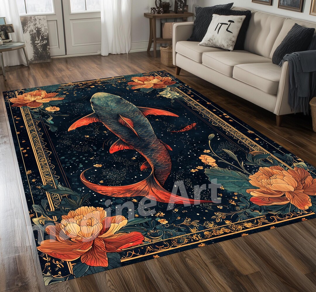 Floral Fish Area Rug, Flowers Fish Rug, Koi Fish Decor, Pond Fish Rug ...
