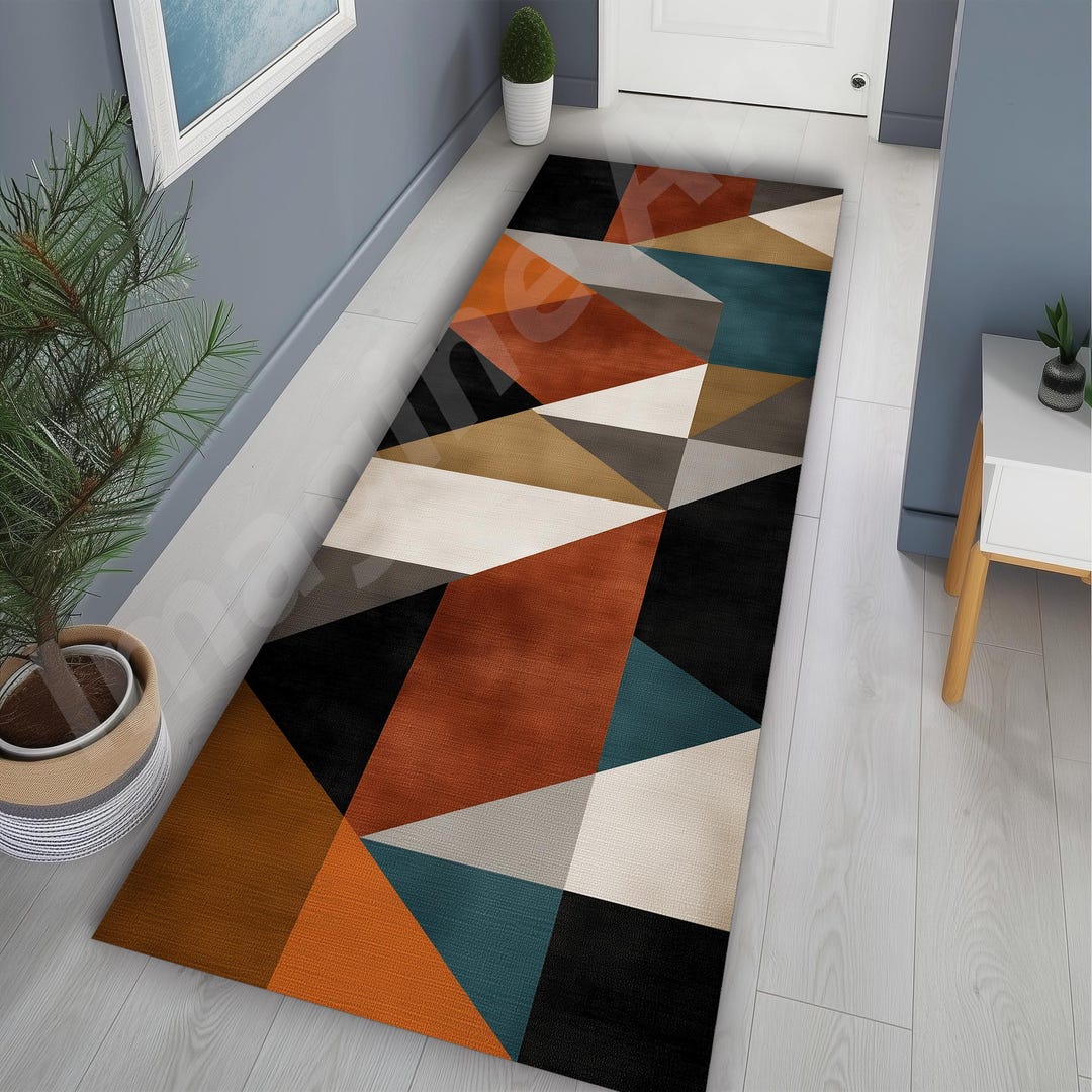 Mid Century Hallway Rug: Rustic, Geometric, Earth Color, Modern Design ...