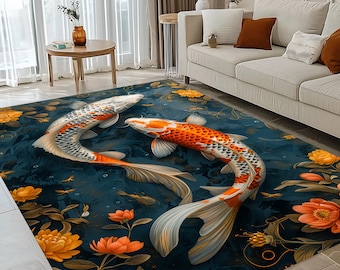 Japanese Koi Fish Area Rug: Orange Floral Pond Design