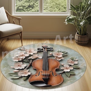 Round Floral Violin Area Rug, 3D Look Green Violin Rug, Floral Violin Area Rug, Floral Music Rug, Round Music Room Rug, Musician Gift