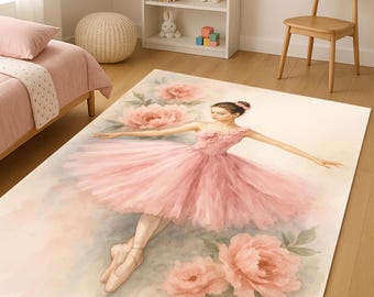 Ballerina Area Rug: Pink Floral Watercolor Ballet Dancer, Kids Room Decor
