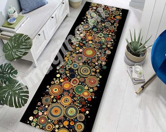 Gustav Klimt Style Long Rug: Black, Gold and Colorful Palette, Abstract Circles Design, Velvet