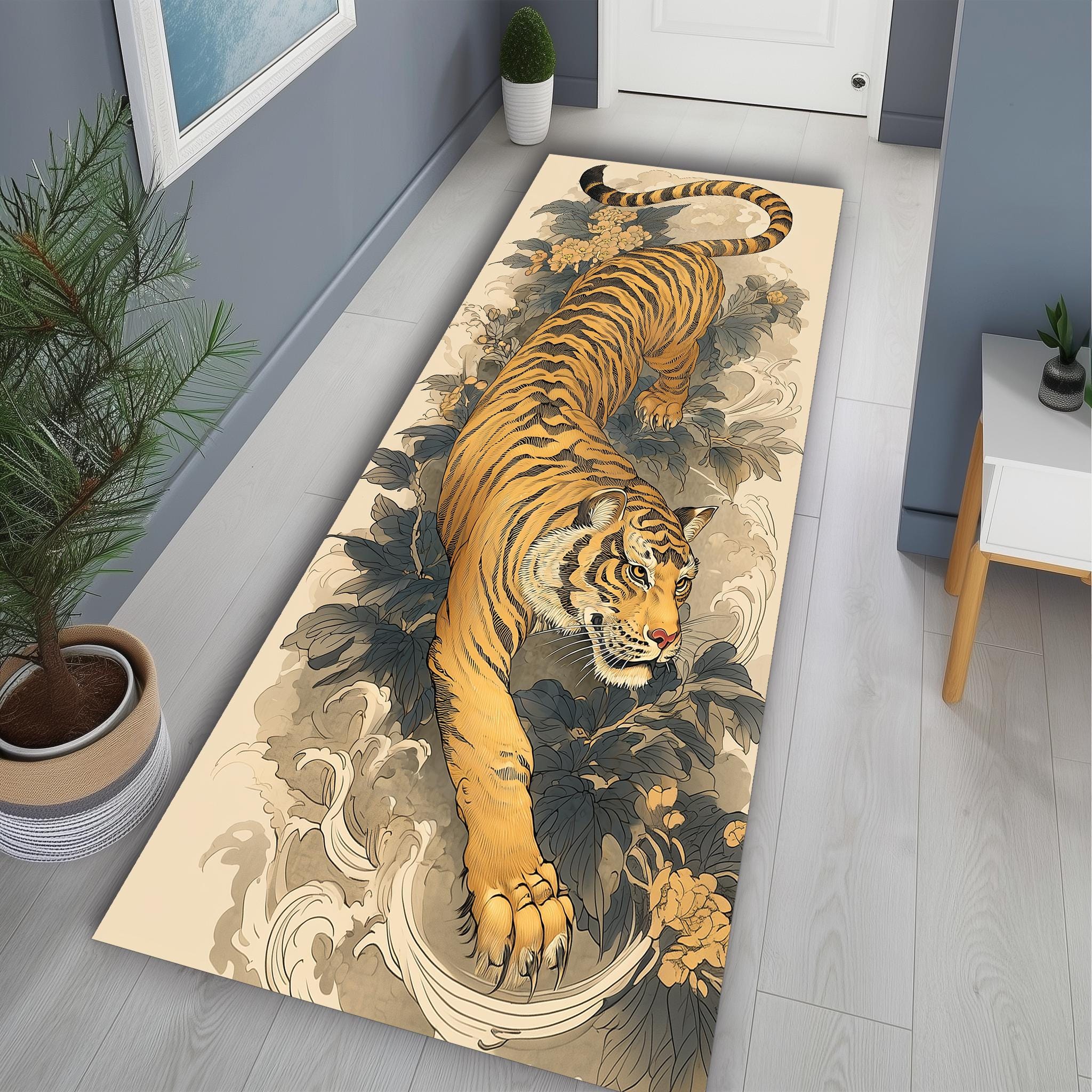 Indian Tiger Art Runner Rug: Velvet Low Pile, Non-slip Cotton Base - Etsy