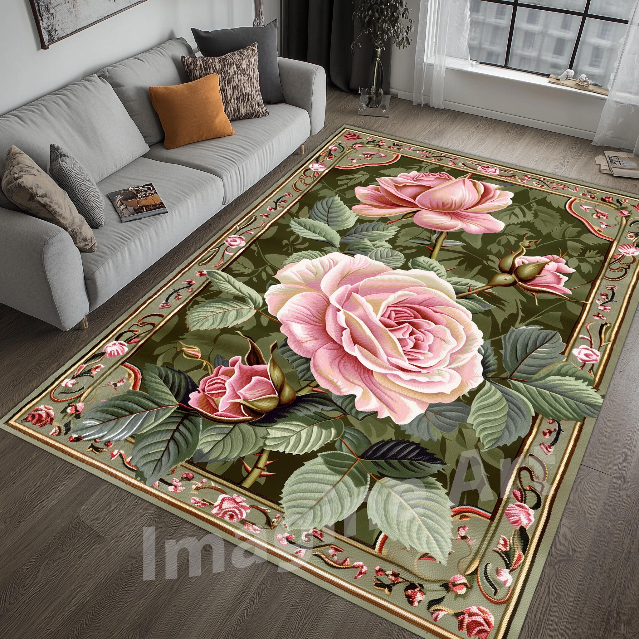 Pink Roses Area Rug: Rustic Floral Design - Etsy