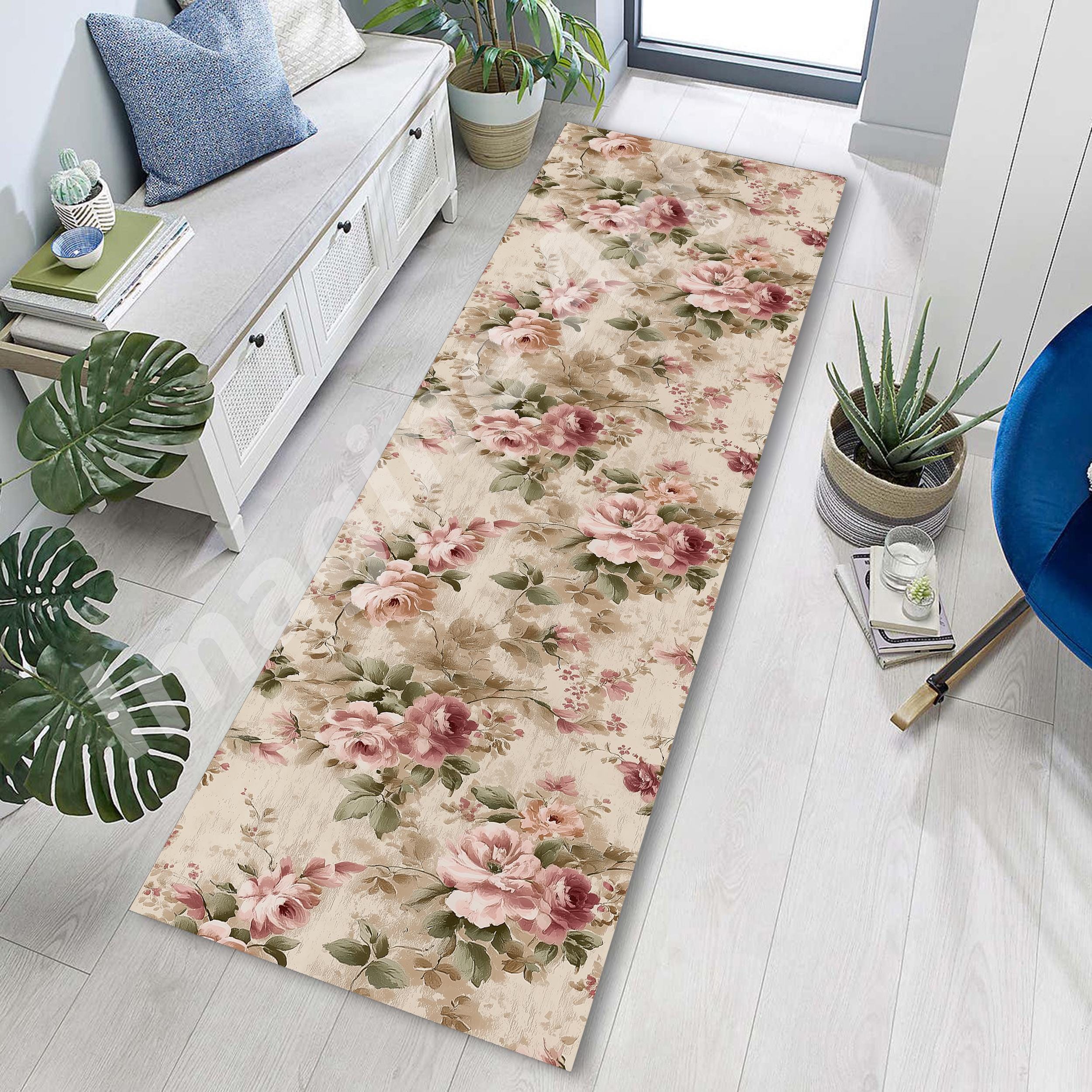 Pink Roses Runner Rug: Vintage Design Rose Art, Velvet Low Pile