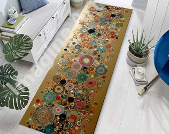 Gustav Klimt Style Runner Rug: Golden and Colorful Palette, Abstract Circles Design, Velvet