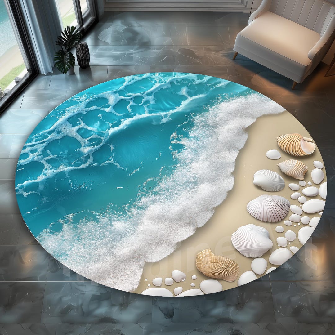 Rectangle Rug Beach Round Beach Rug: Tropical Ocean Waves, Seashells, Pebbles - Etsy