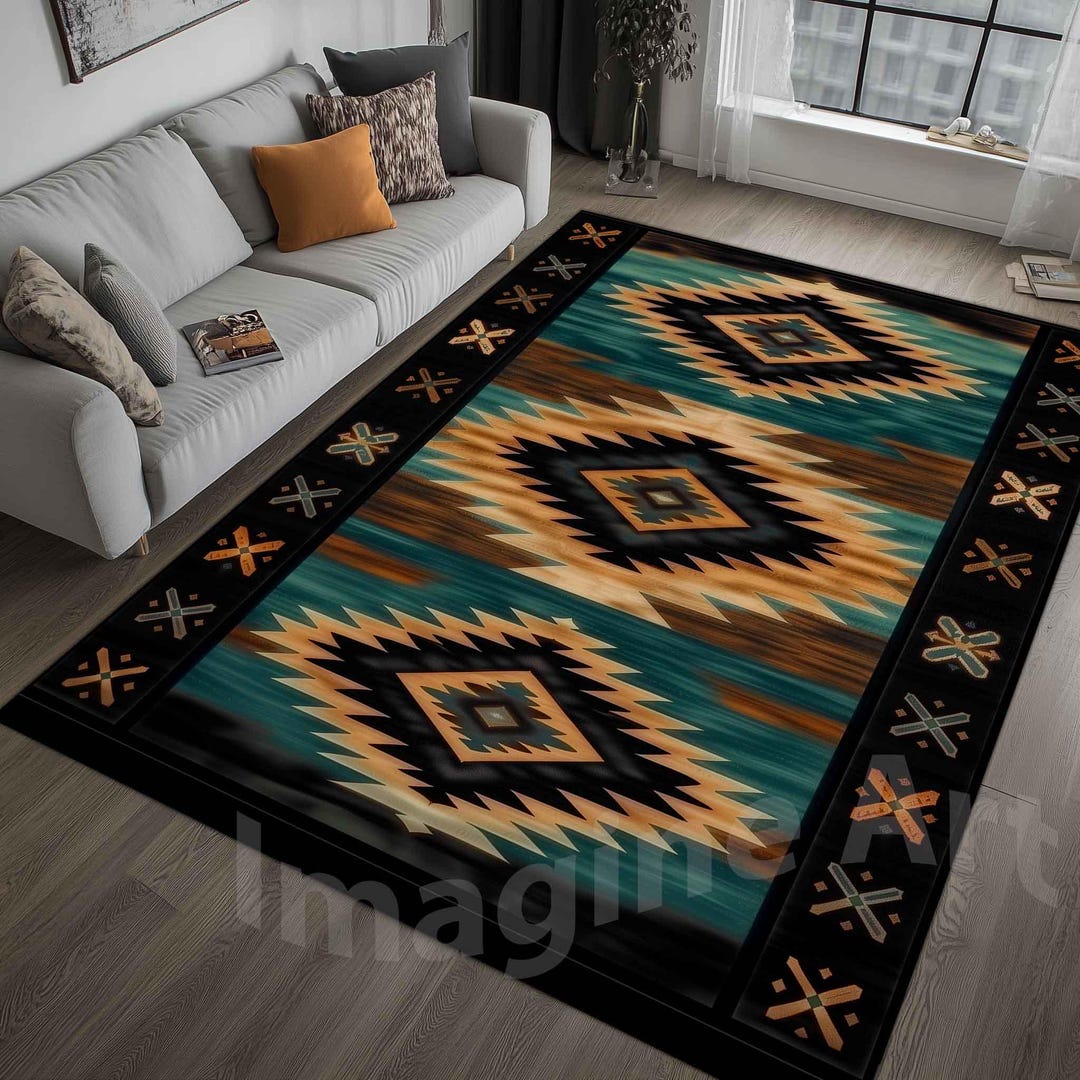 Black Southwestern Tribal Rug: Rustic, Earth Tone, Native Motifs, Aztec ...