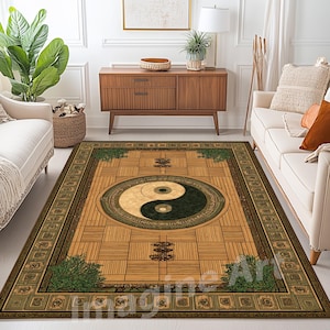 Zen Sand Ripple Pattern Yin And Yang Rug, Yin Yang Zen Symbol Area Rug, Life Balance Rug, Bamboo Pattern Rug, Zen Area Rug
