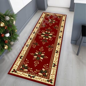 Rustik lång julmatta: Julfestlig, järnekbärsdesign, traditionell halldekoration