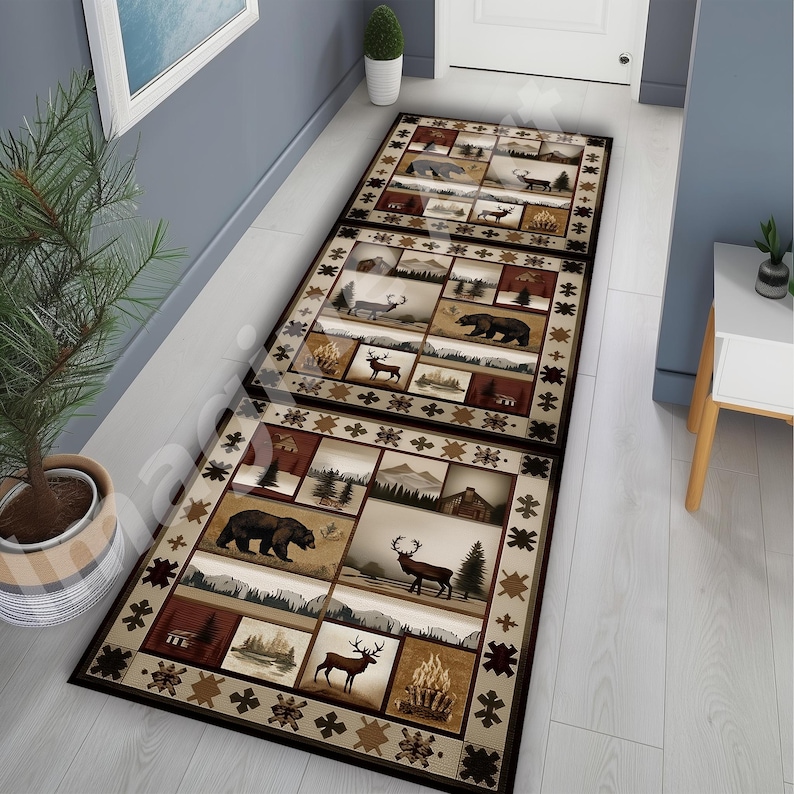 Rustic Woodland Runner Rug: Wildlife Animal Reindeer, Bear, Cabin, Fire ...