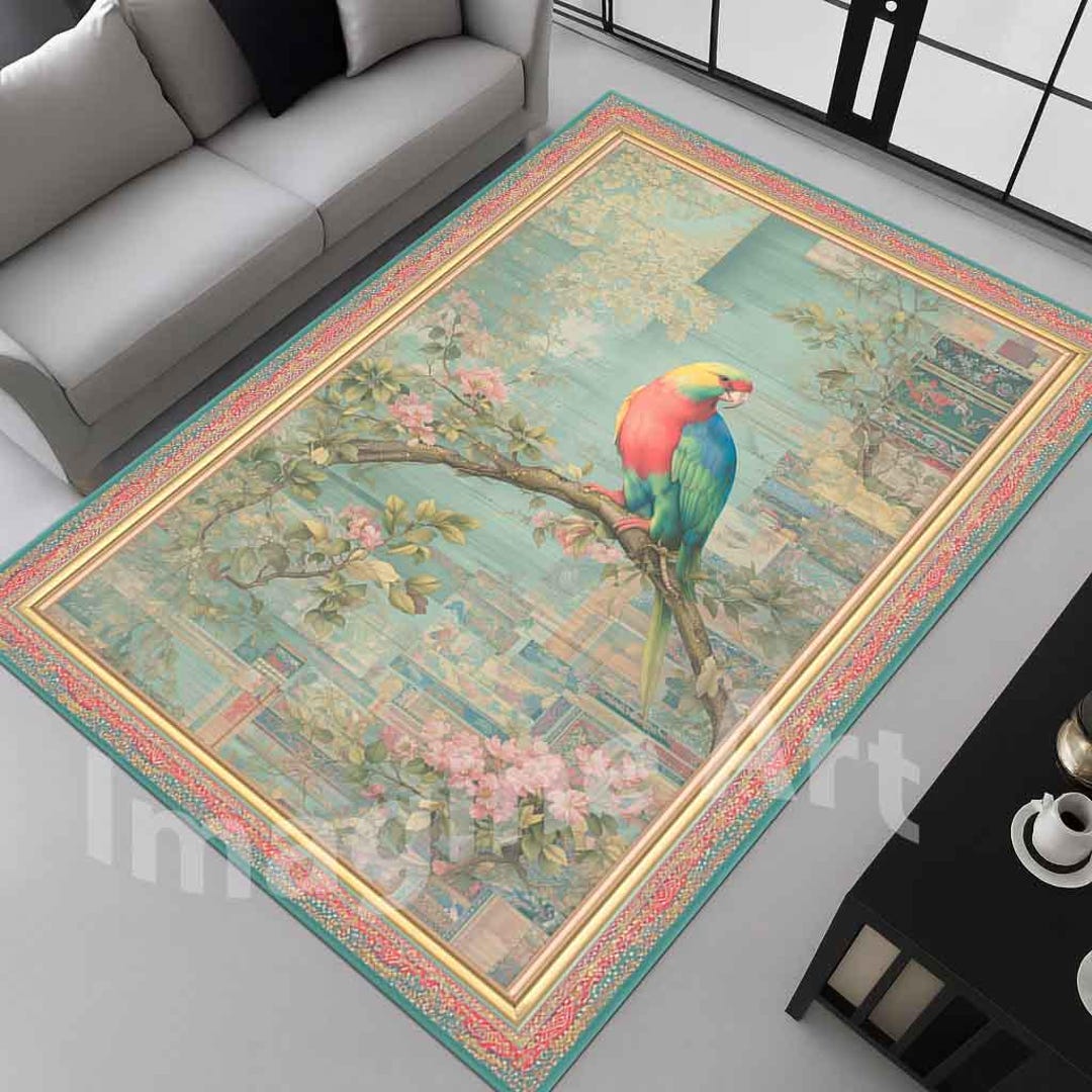 Vasa Parrot Rug Chinoiserie Parrot Area Rug: Vintage, Floral, Pink, Teal Design, Velvet ...