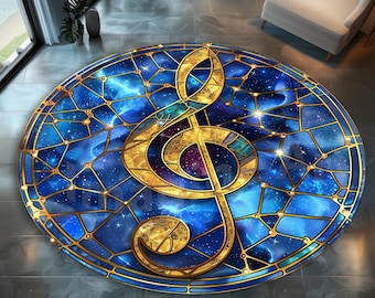 Stained Glass Musical Note Round Rug - Music Room Decor
