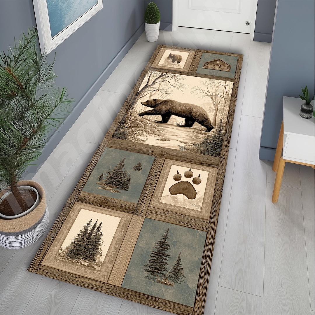 Rustic Bear Runner Rug: Wildlife, Teal-beige Color, Woodland Bear ...