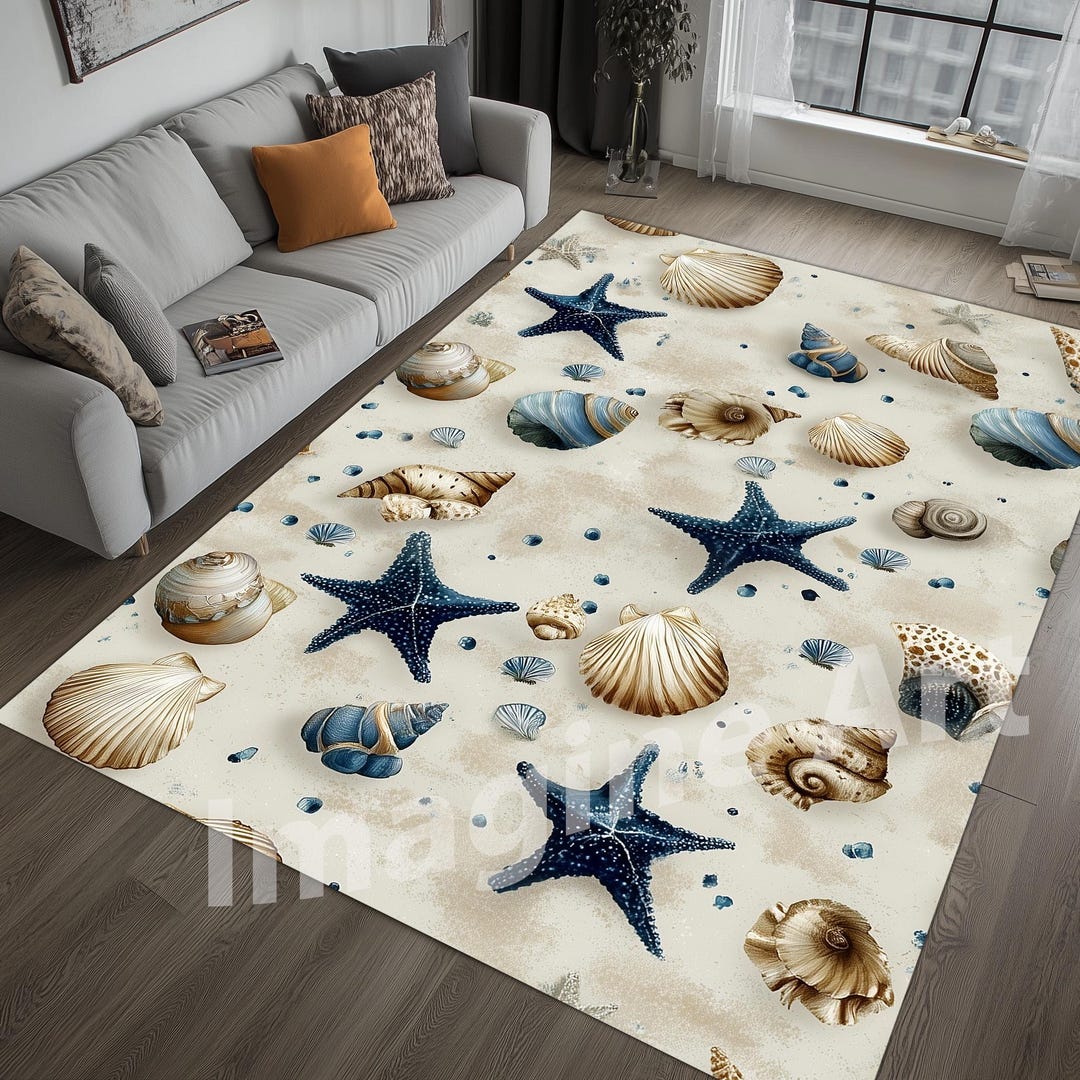 Beach Rug Shell Shape Sea Shells and Starfish Rug: Coastal Art, Soft Velvet Pile - Etsy