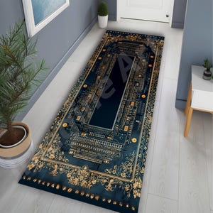 May include: A rectangular rug with a dark teal background and a gold circuit board design. The rug features a central dark rectangle and ornate gold floral patterns along the edges. The rug is placed on a light-coloured floor.