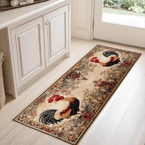 May include: A rectangular beige runner rug featuring two rooster illustrations with red combs, black and brown feathers, and floral borders. The rug has a detailed design with red, brown, and green floral patterns.