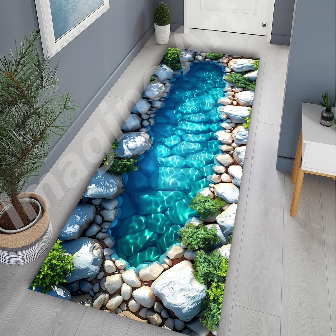 Pond/water Rug 3D Blue Pond Runner Rug: Nature-inspired, Blue Lake Water, Stone Path ...