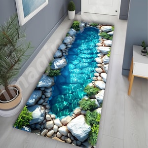 3D Blue Pond Runner Rug: Nature-Inspired, Blue Lake Water, Stone Path, Relaxing Pool Illusion
