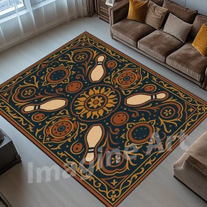 Bowling Inspired Traditional Area Rug, Bowling Area Rug, Bowling Rug, Bowling Mandala Pattern Rug, Retro Strike Rug, Bowling Pin Rug