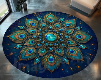 Oriental Peacock Round Rug: Mandala Floral Bird Print