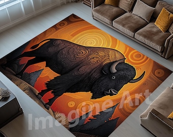 Floral American Bison Area Rug: Cabin Wildlife Decor