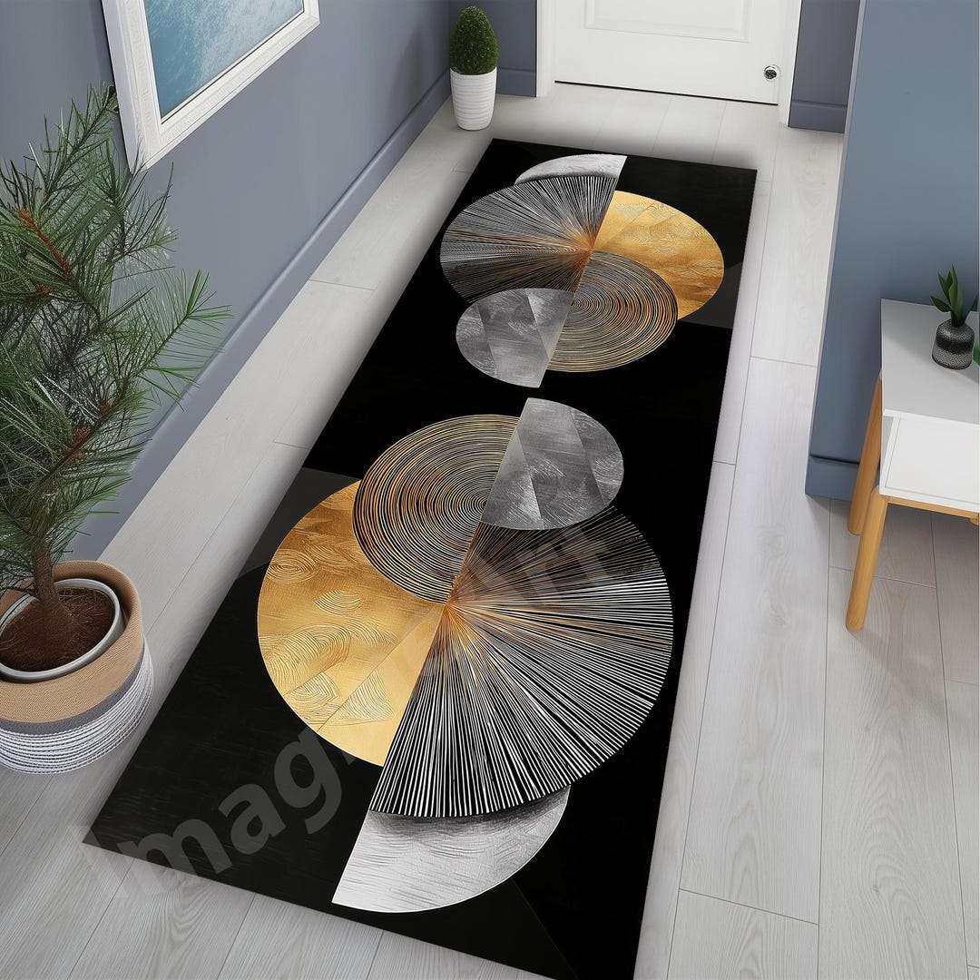 Abstract Moon Rugs Sun and Moon Artistic Abstract Art Runner Rug: Gold-silver-black ...