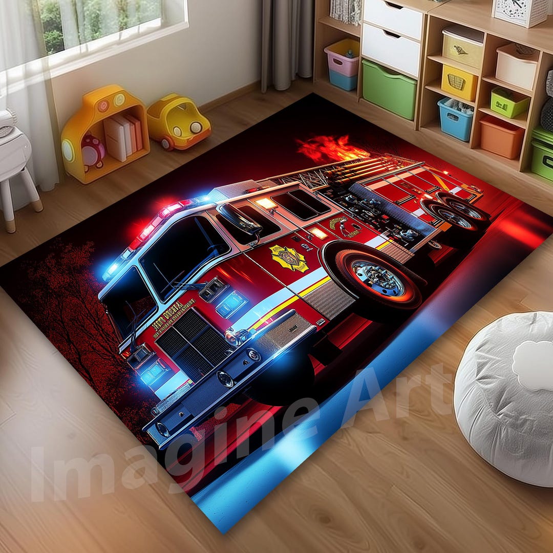 Colorful Fire Truck Rug: Kids Room Decor, Soft Low Pile - Etsy