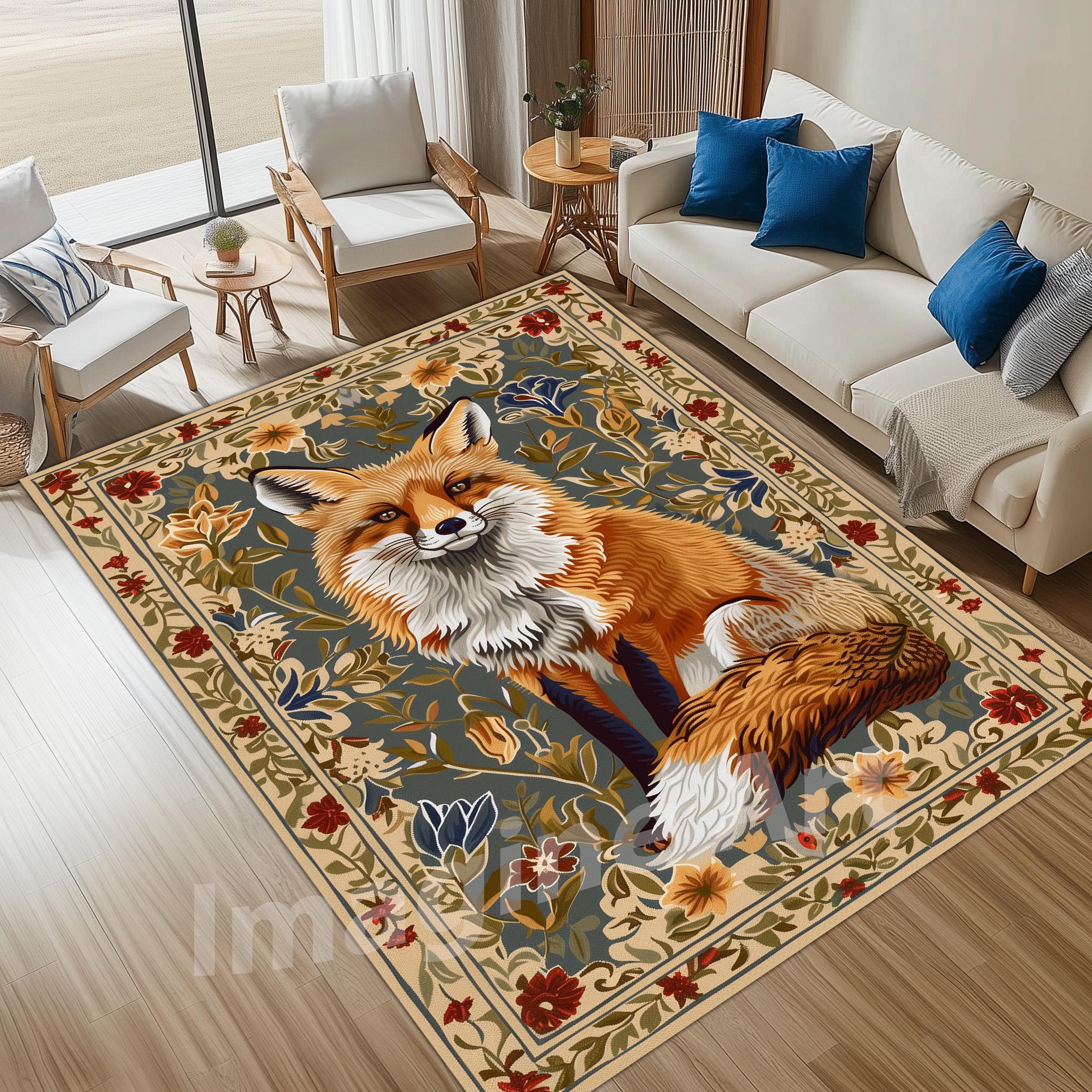 Floral Fox Area Rug: Velvet Low Pile, Non-slip Cotton Base - Etsy
