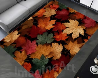 May include: Rectangular area rug featuring a pattern of autumn leaves in shades of red, orange, yellow, and green against a black background. The rug is placed in a living room setting, with a sofa and coffee table visible.