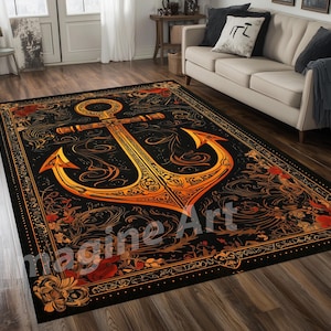 Gold and Black Retro Anchor Area Rug, Retro Sea Rug, Sea Area Rug, Nautical Area Rug, Maritime Rug, Sailor Area Rug, Anchor Rug, Sailor Rug