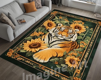Floral Tiger Area Rug: Teal Sunflower Print, Traditional Style