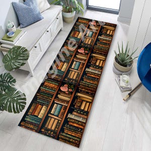 May include: A rectangular rug featuring a bookshelf design with rows of books in various colors. The rug has a dark background with a wooden frame design and pink rose accents. The rug is placed on a white floor.