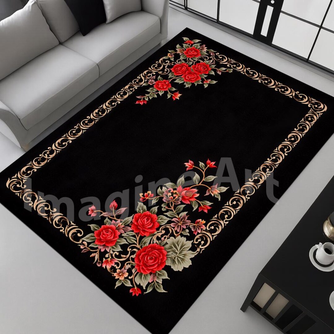 Rustic Red Rose Rug: Victorian, Elegant Border, Vintage, Red-black ...
