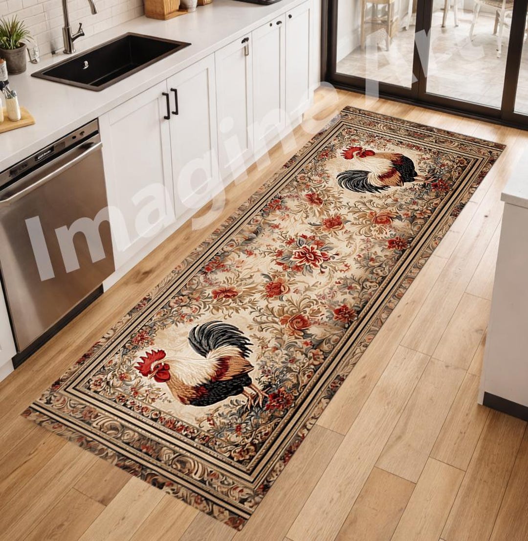 Rustic Rooster Runner Rug: Floral, Vintage, Kitchen Area Decor - Etsy